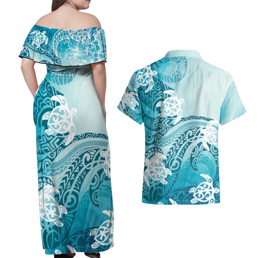 Polynesia Turtle Couples Matching Off Shoulder Maxi Dress and Hawaiian Shirt Watercolor Abstract Style
