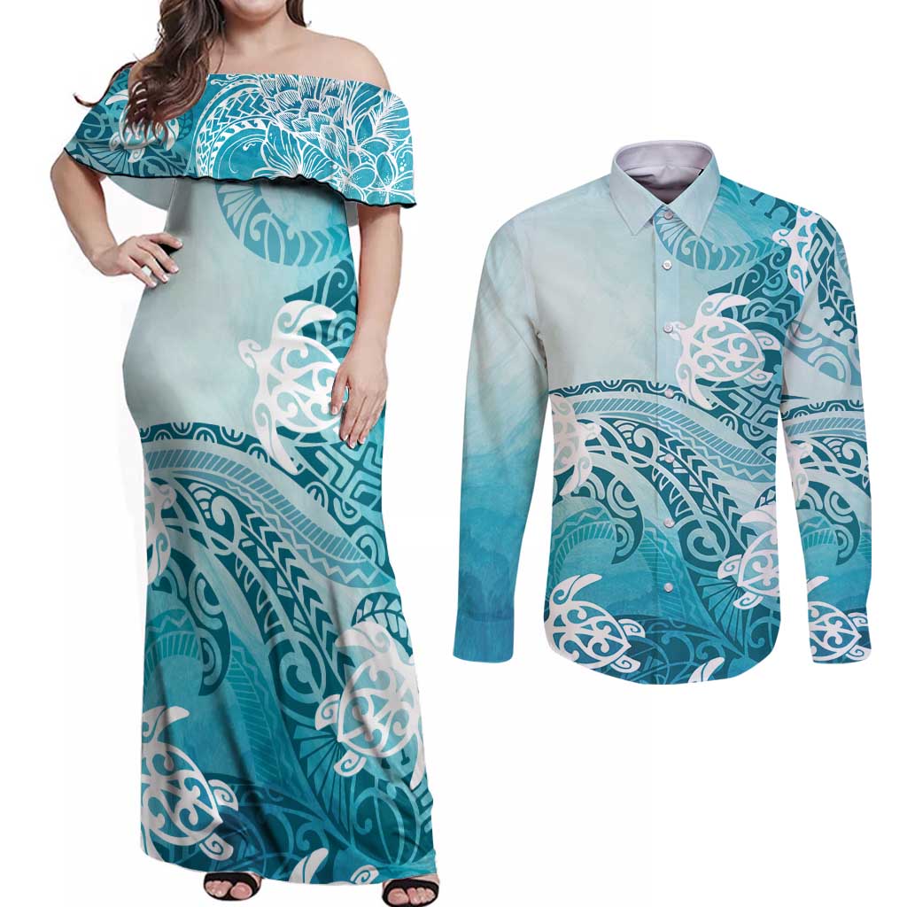 Polynesia Turtle Couples Matching Off Shoulder Maxi Dress and Long Sleeve Button Shirt Watercolor Abstract Style