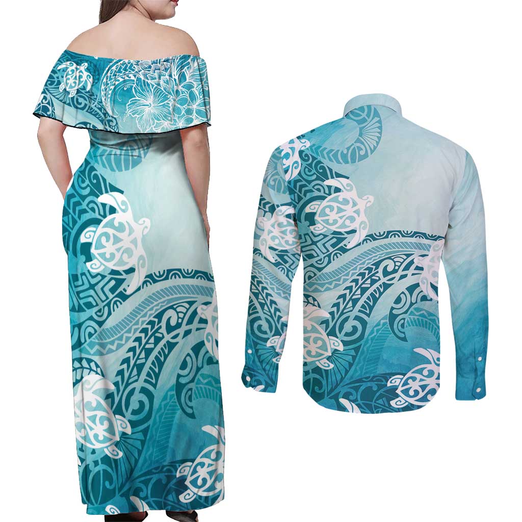 Polynesia Turtle Couples Matching Off Shoulder Maxi Dress and Long Sleeve Button Shirt Watercolor Abstract Style