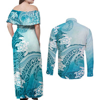 Polynesia Turtle Couples Matching Off Shoulder Maxi Dress and Long Sleeve Button Shirt Watercolor Abstract Style