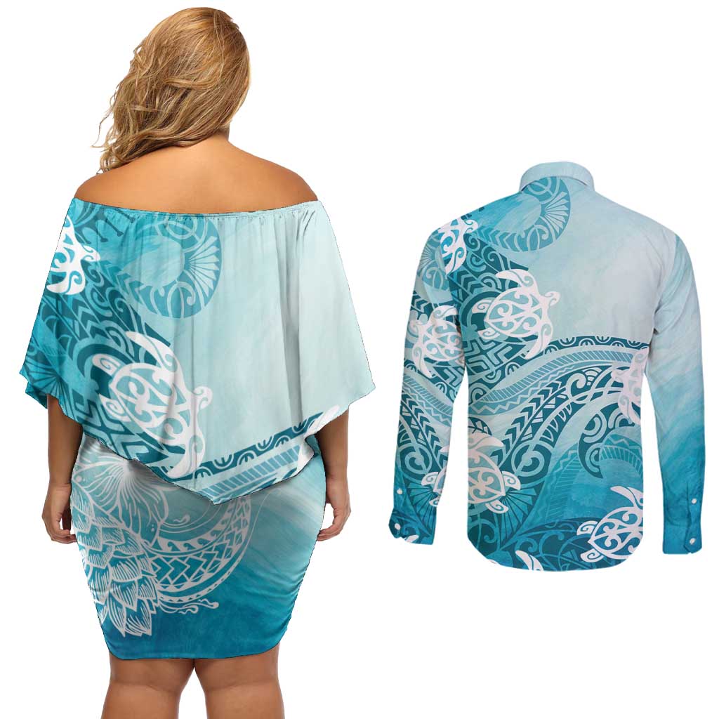 Polynesia Turtle Couples Matching Off Shoulder Short Dress and Long Sleeve Button Shirt Watercolor Abstract Style