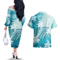 Polynesia Turtle Couples Matching Off The Shoulder Long Sleeve Dress and Hawaiian Shirt Watercolor Abstract Style