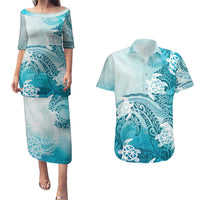 Polynesia Turtle Couples Matching Puletasi and Hawaiian Shirt Watercolor Abstract Style