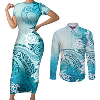 Polynesia Turtle Couples Matching Short Sleeve Bodycon Dress and Long Sleeve Button Shirt Watercolor Abstract Style