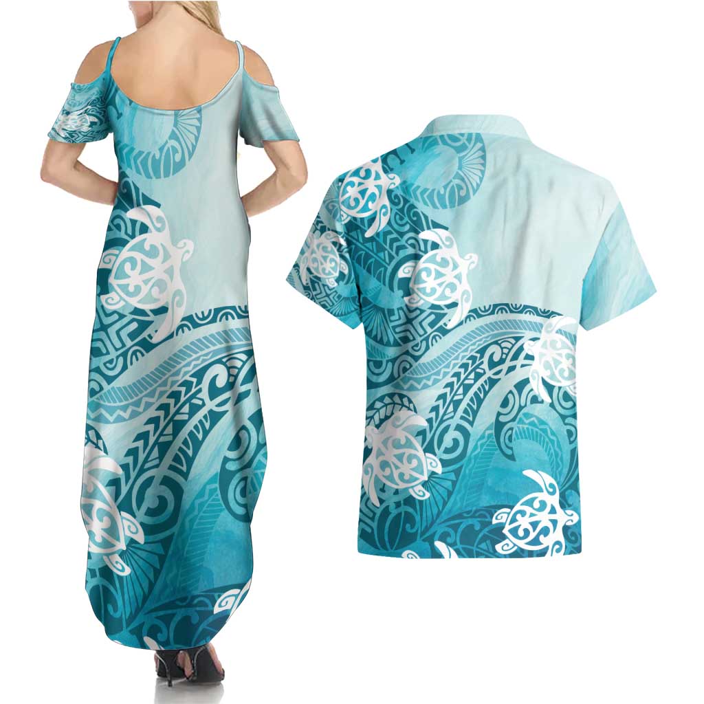 Polynesia Turtle Couples Matching Summer Maxi Dress and Hawaiian Shirt Watercolor Abstract Style