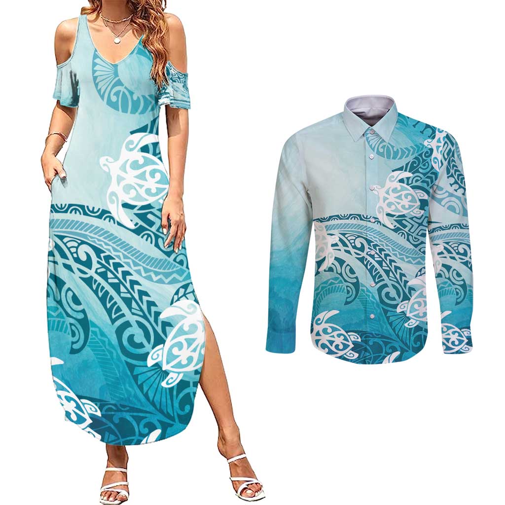 Polynesia Turtle Couples Matching Summer Maxi Dress and Long Sleeve Button Shirt Watercolor Abstract Style