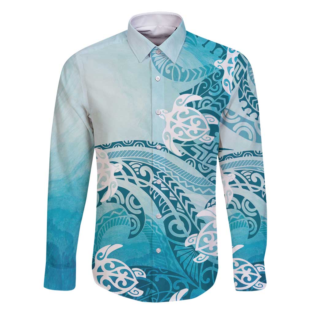 Polynesia Turtle Family Matching Mermaid Dress and Hawaiian Shirt Watercolor Abstract Style LT7 Dad's Shirt - Long Sleeve Blue - Polynesian Pride
