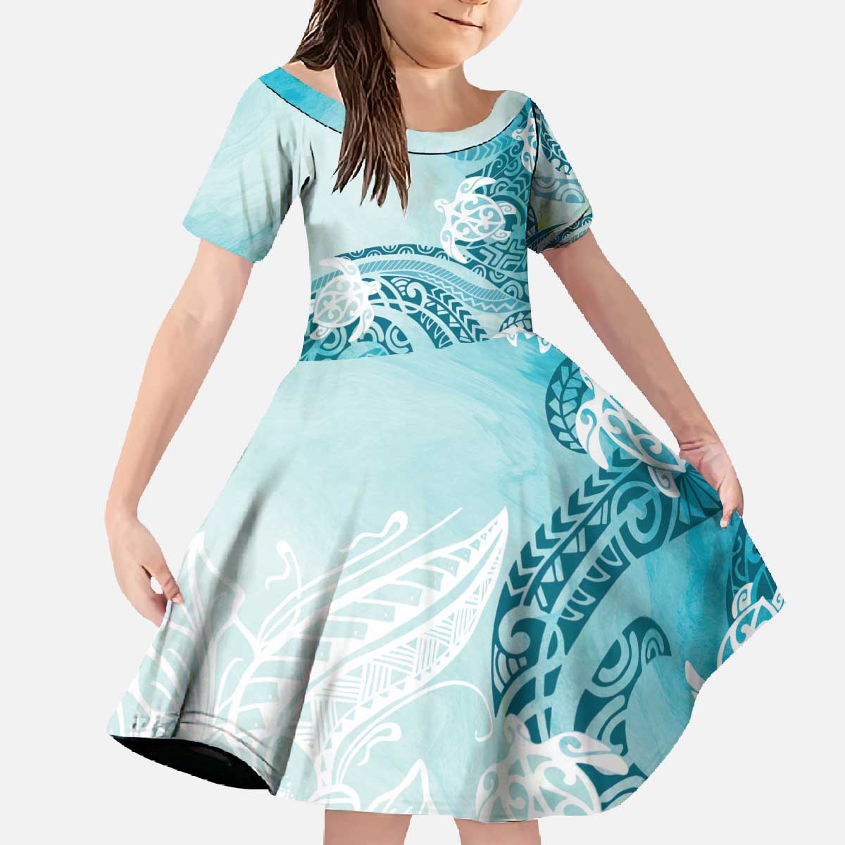 Polynesia Turtle Family Matching Off The Shoulder Long Sleeve Dress and Hawaiian Shirt Watercolor Abstract Style LT7 Daughter's Dress Blue - Polynesian Pride
