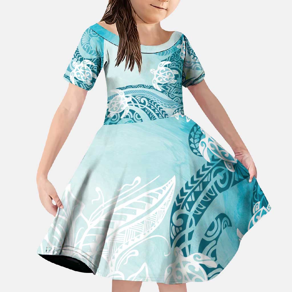 Polynesia Turtle Family Matching Off Shoulder Maxi Dress and Hawaiian Shirt Watercolor Abstract Style