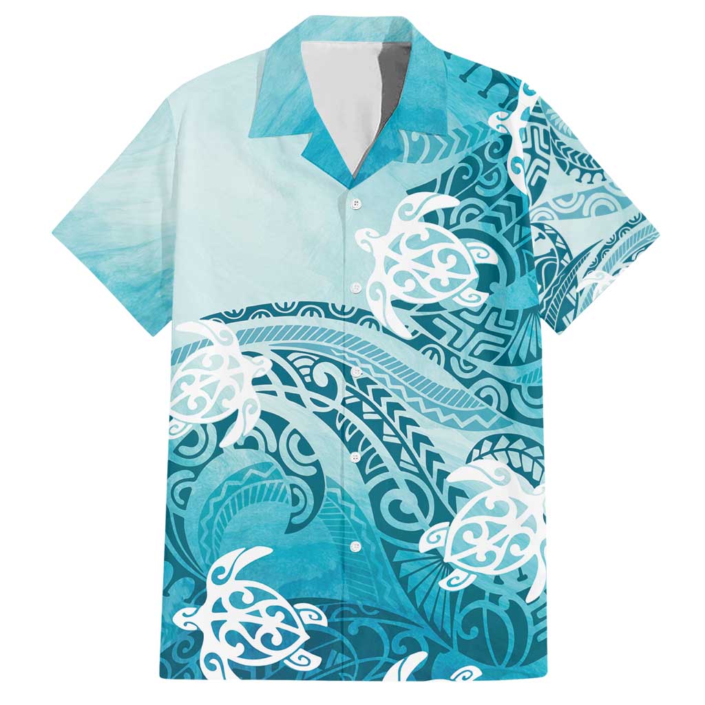 Polynesia Turtle Family Matching Short Sleeve Bodycon Dress and Hawaiian Shirt Watercolor Abstract Style LT7 Dad's Shirt - Short Sleeve Blue - Polynesian Pride