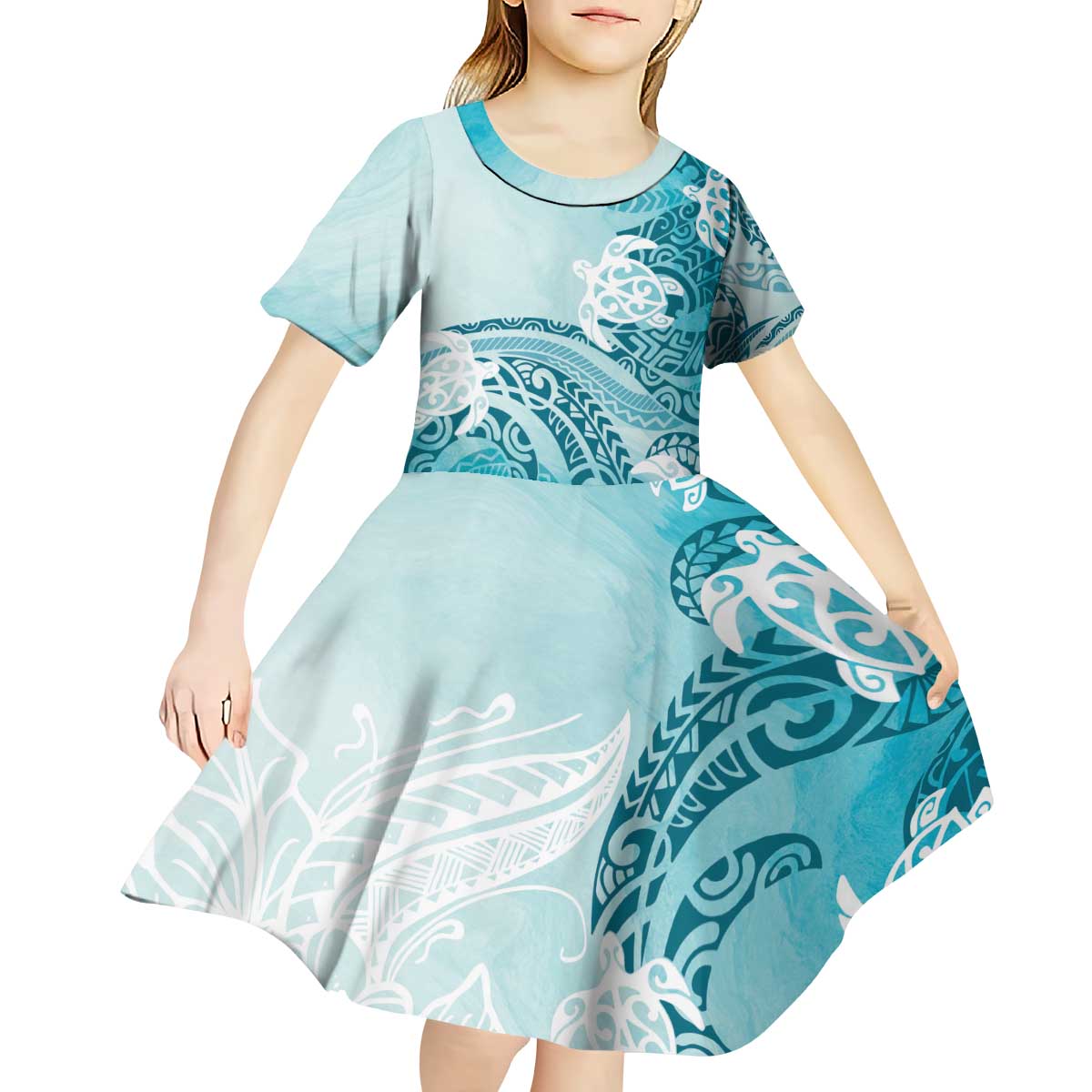 Polynesia Turtle Kid Short Sleeve Dress Watercolor Abstract Style