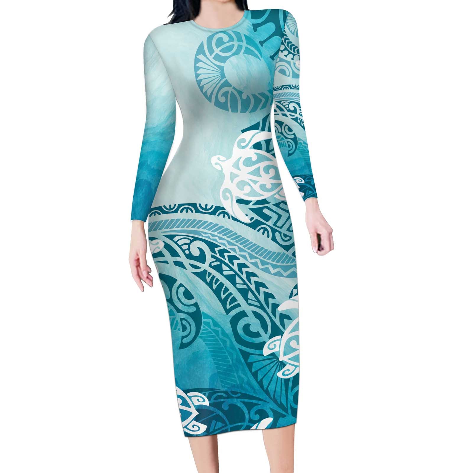 Polynesia Turtle Long Sleeve Bodycon Dress Watercolor Abstract Style LT7 Long Dress Blue - Polynesian Pride