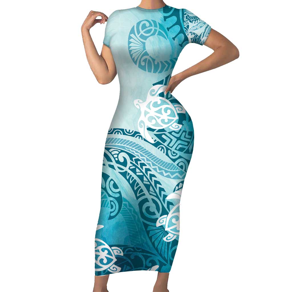 Polynesia Turtle Short Sleeve Bodycon Dress Watercolor Abstract Style LT7 Long Dress Blue - Polynesian Pride
