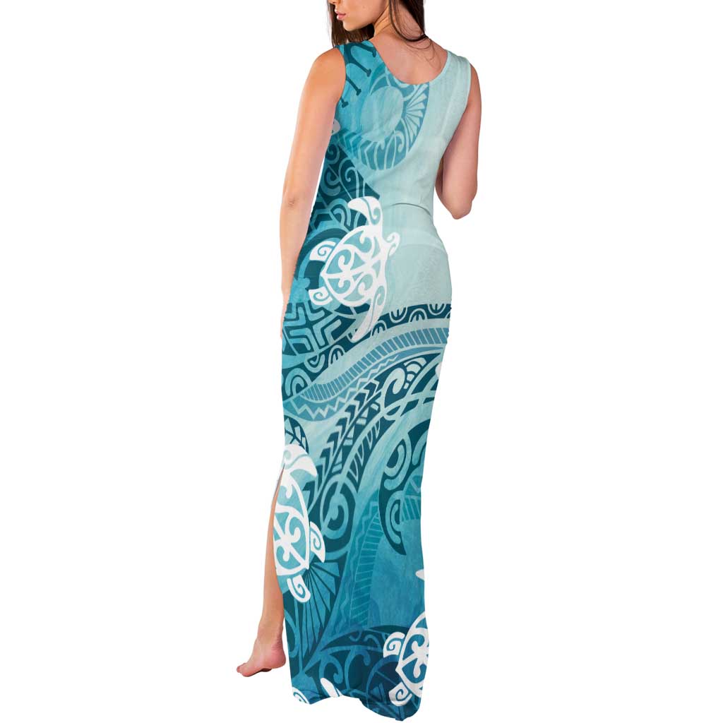 Polynesia Turtle Tank Maxi Dress Watercolor Abstract Style