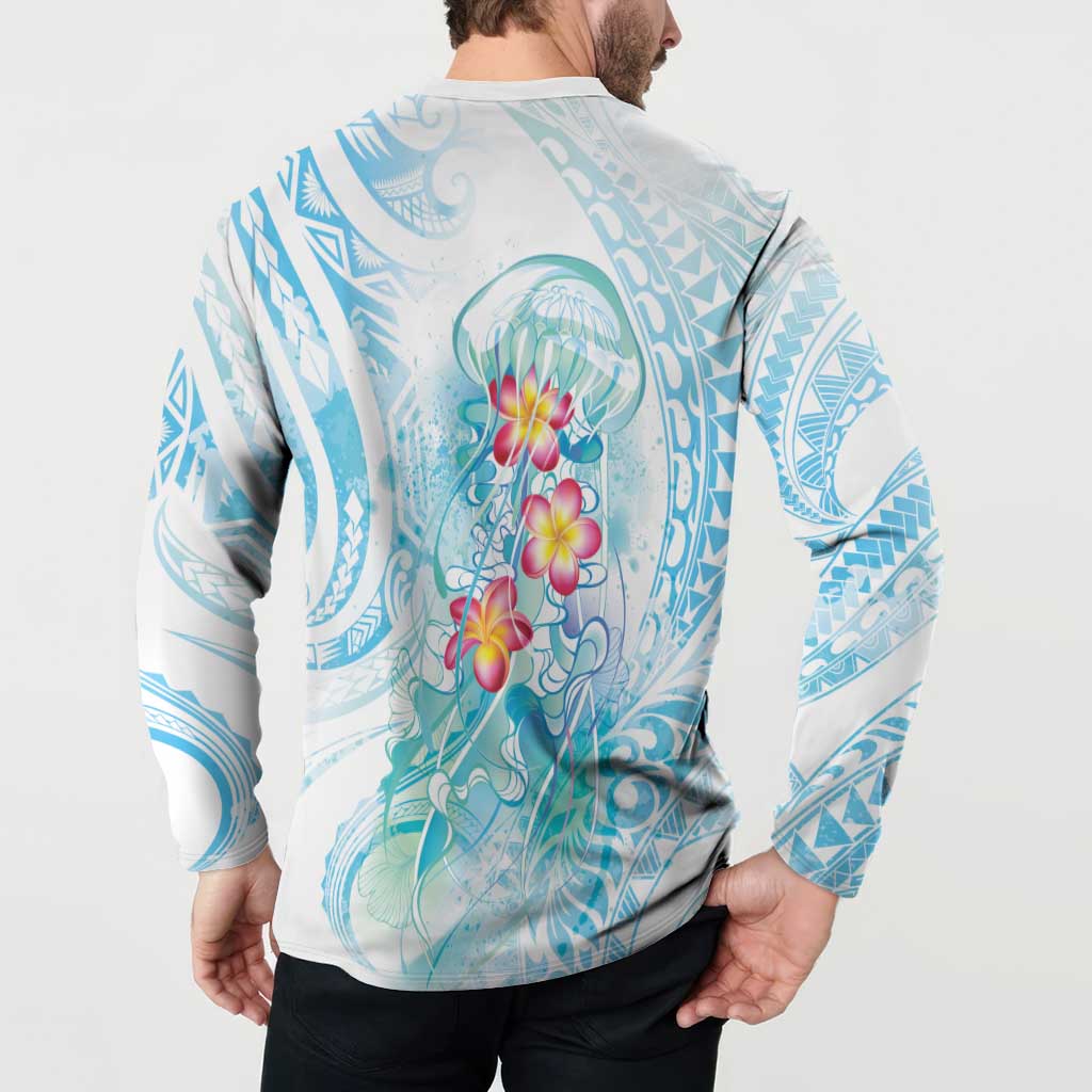 Sea Blue Polynesian Jellyfish Button Sweatshirt Watercolor Glows - Polynesian Pride