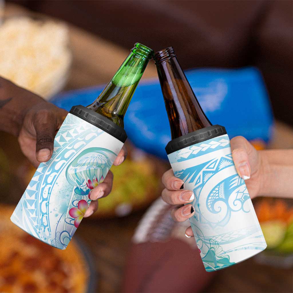 Sea Blue Polynesian Jellyfish 4 in 1 Can Cooler Tumbler Watercolor Glows - Polynesian Pride