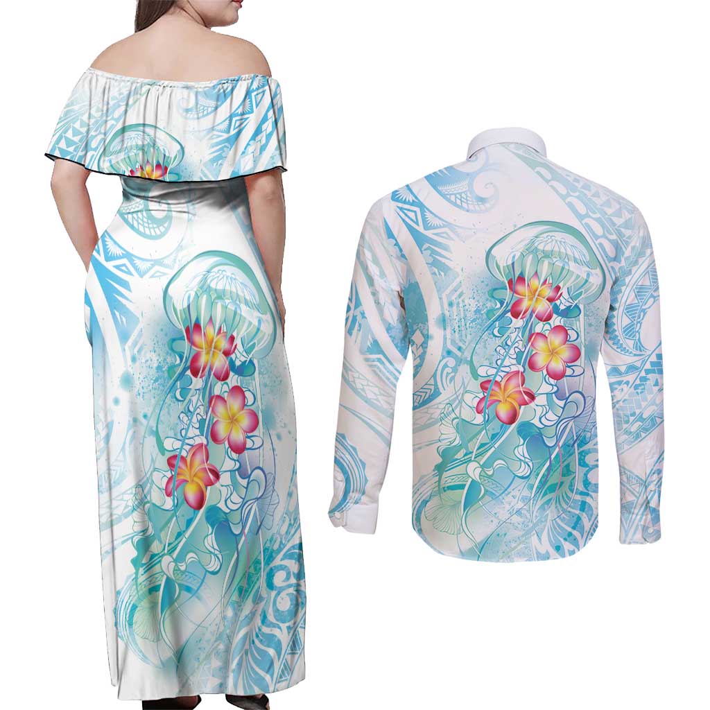Sea Blue Polynesian Jellyfish Couples Matching Off Shoulder Maxi Dress and Long Sleeve Button Shirt Watercolor Glows - Polynesian Pride