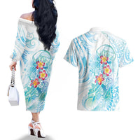 Sea Blue Polynesian Jellyfish Couples Matching Off The Shoulder Long Sleeve Dress and Hawaiian Shirt Watercolor Glows - Polynesian Pride