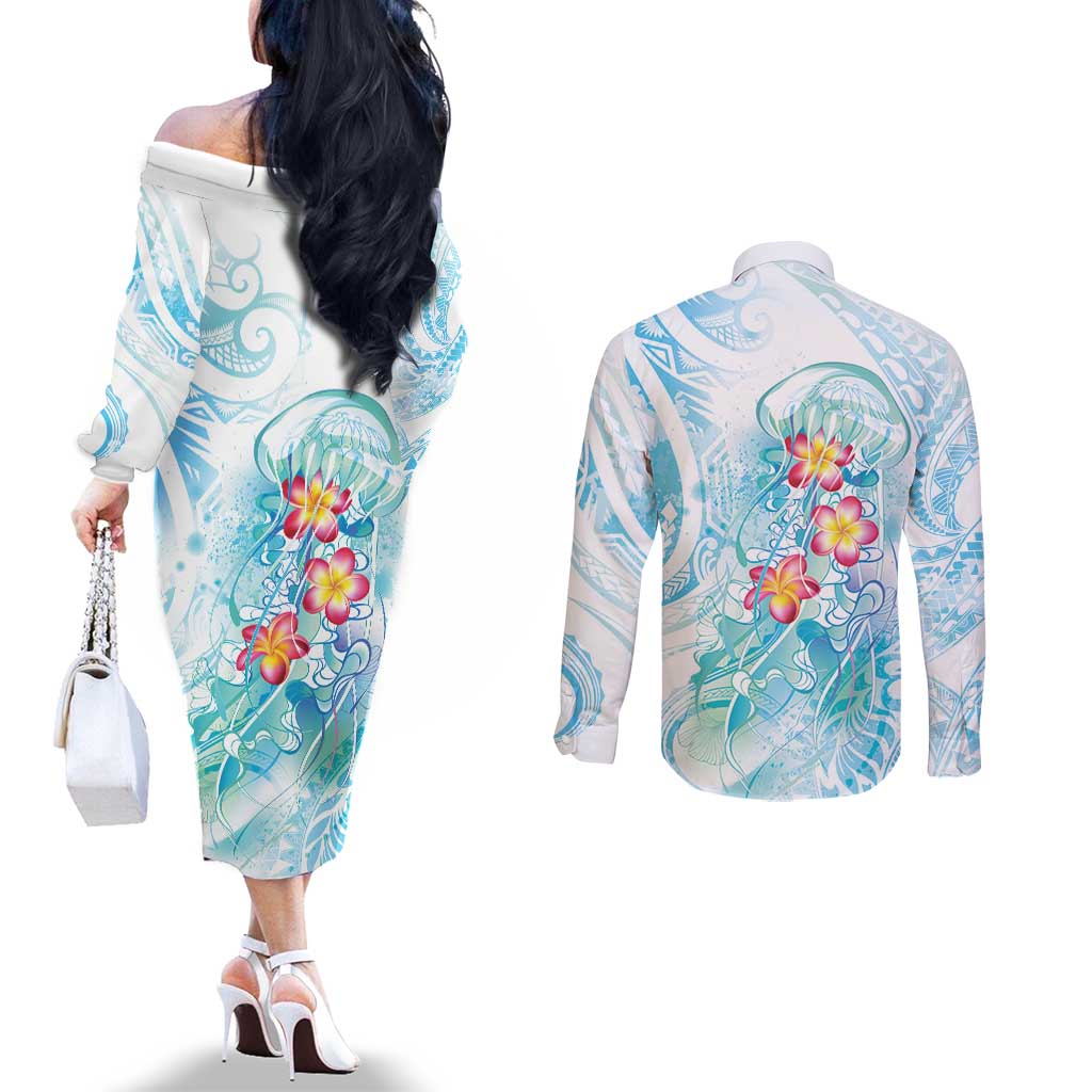 Sea Blue Polynesian Jellyfish Couples Matching Off The Shoulder Long Sleeve Dress and Long Sleeve Button Shirt Watercolor Glows - Polynesian Pride