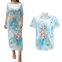 Sea Blue Polynesian Jellyfish Couples Matching Puletasi and Hawaiian Shirt Watercolor Glows - Polynesian Pride