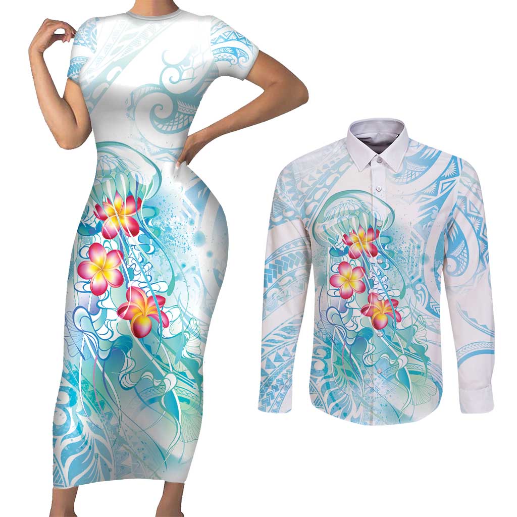 Sea Blue Polynesian Jellyfish Couples Matching Short Sleeve Bodycon Dress and Long Sleeve Button Shirt Watercolor Glows - Polynesian Pride