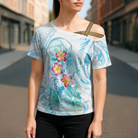 Sea Blue Polynesian Jellyfish Cross Shoulder Shirt Watercolor Glows - Polynesian Pride
