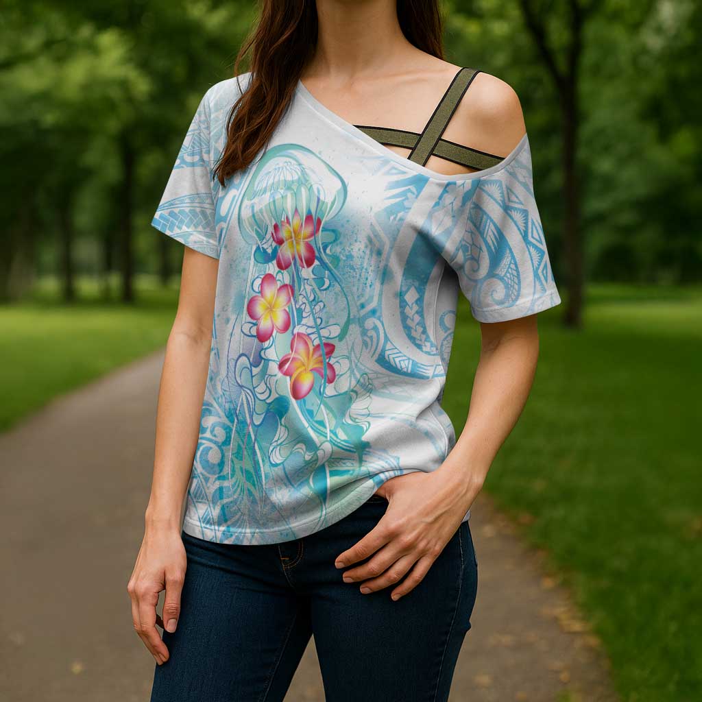 Sea Blue Polynesian Jellyfish Cross Shoulder Shirt Watercolor Glows - Polynesian Pride