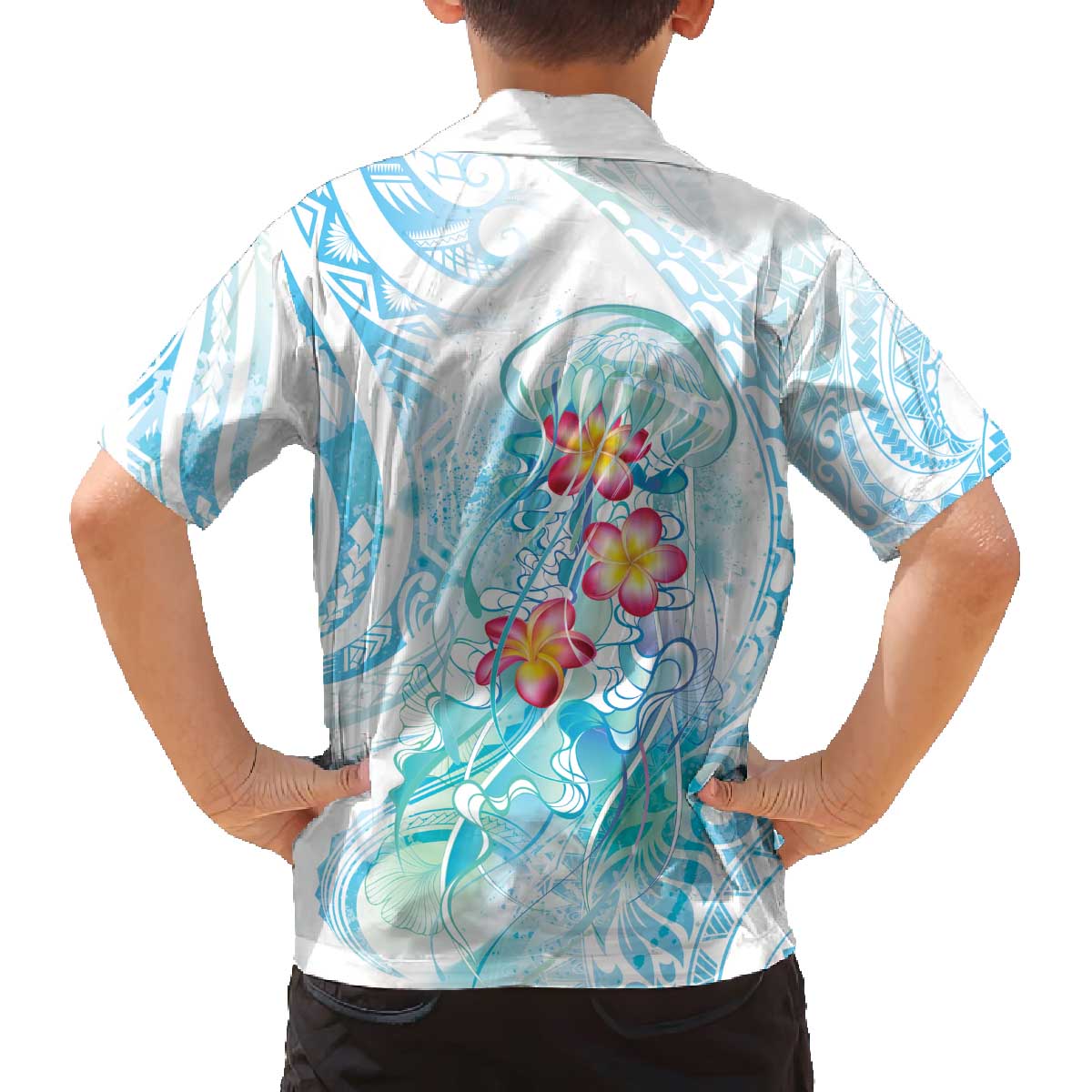 Sea Blue Polynesian Jellyfish Family Matching Off The Shoulder Long Sleeve Dress and Hawaiian Shirt Watercolor Glows - Polynesian Pride
