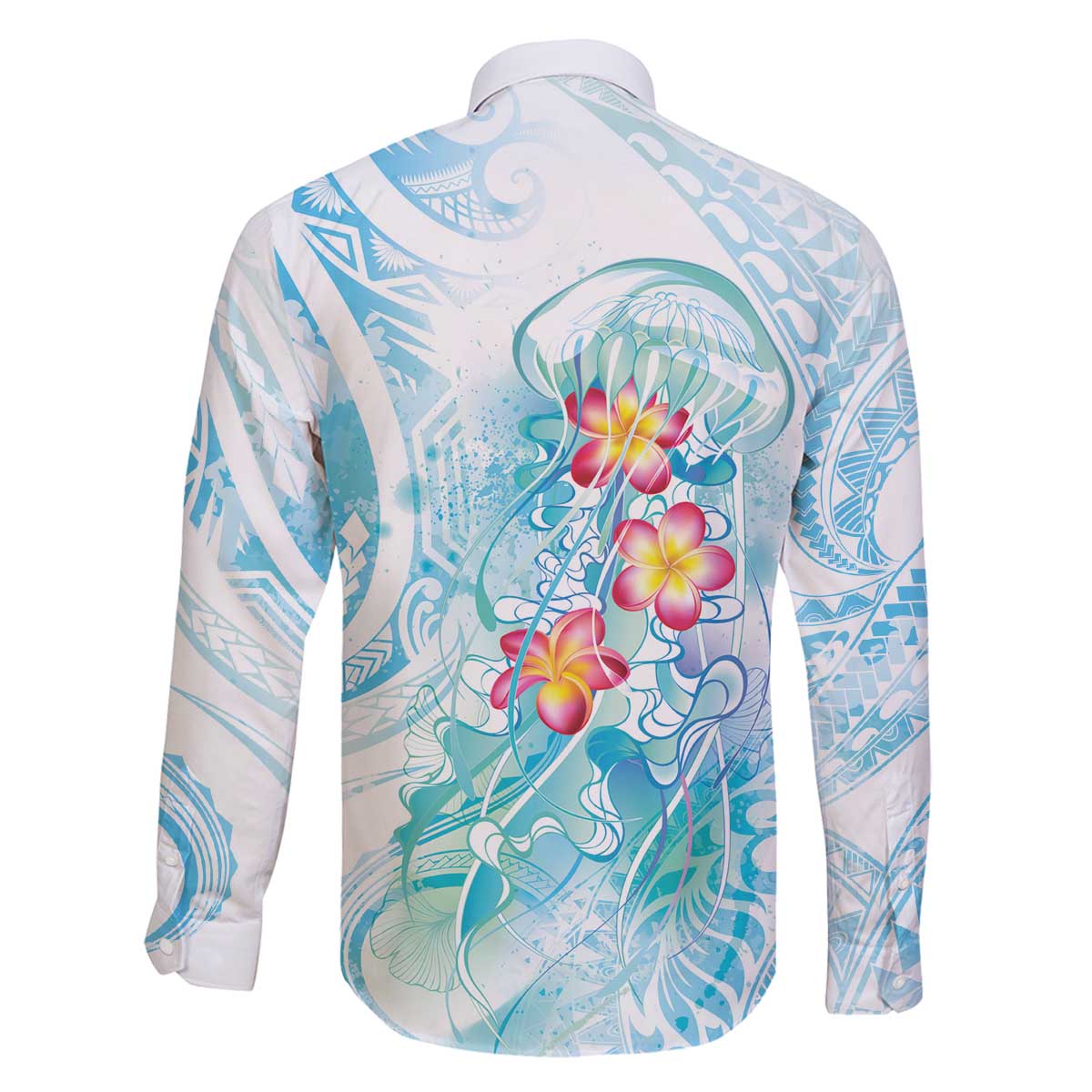 Sea Blue Polynesian Jellyfish Family Matching Off The Shoulder Long Sleeve Dress and Hawaiian Shirt Watercolor Glows - Polynesian Pride