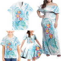Sea Blue Polynesian Jellyfish Family Matching Off Shoulder Maxi Dress and Hawaiian Shirt Watercolor Glows - Polynesian Pride