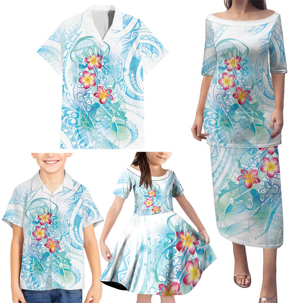 Sea Blue Polynesian Jellyfish Family Matching Puletasi and Hawaiian Shirt Watercolor Glows - Polynesian Pride