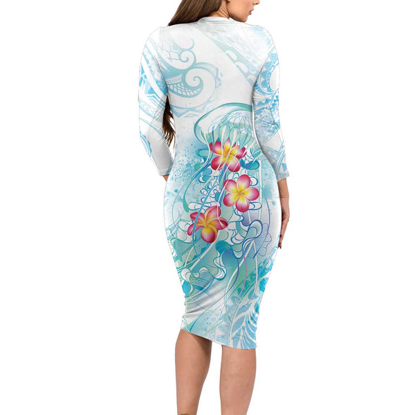 Sea Blue Polynesian Jellyfish Long Sleeve Bodycon Dress Watercolor
