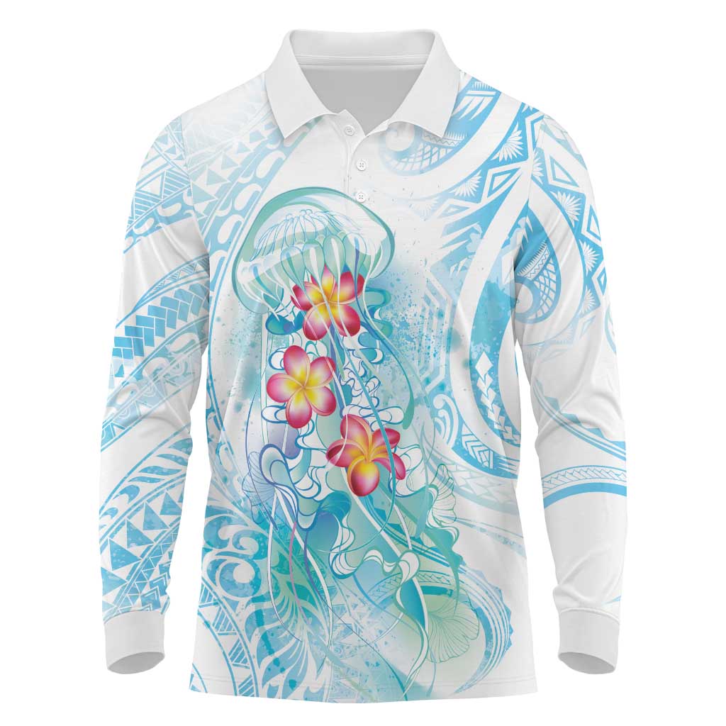 Sea Blue Polynesian Jellyfish Long Sleeve Polo Shirt Watercolor Glows - Polynesian Pride