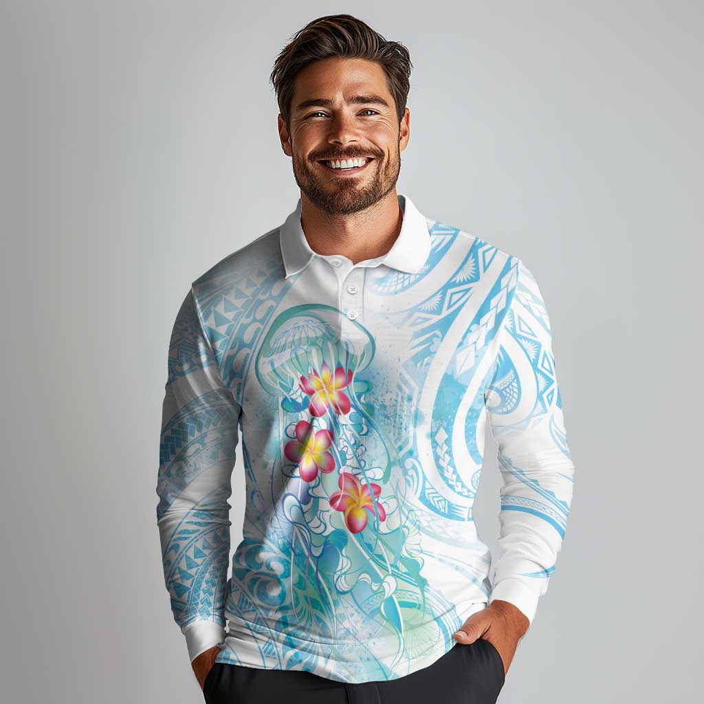 Sea Blue Polynesian Jellyfish Long Sleeve Polo Shirt Watercolor Glows - Polynesian Pride