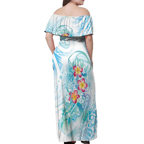 Sea Blue Polynesian Jellyfish Off Shoulder Maxi Dress Watercolor Glows LT7