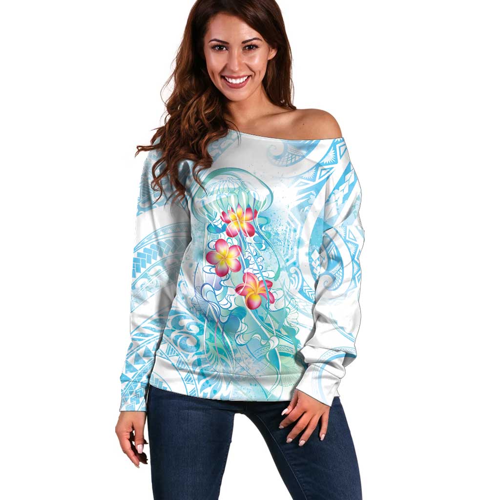 Sea Blue Polynesian Jellyfish Off Shoulder Sweater Watercolor Glows - Polynesian Pride