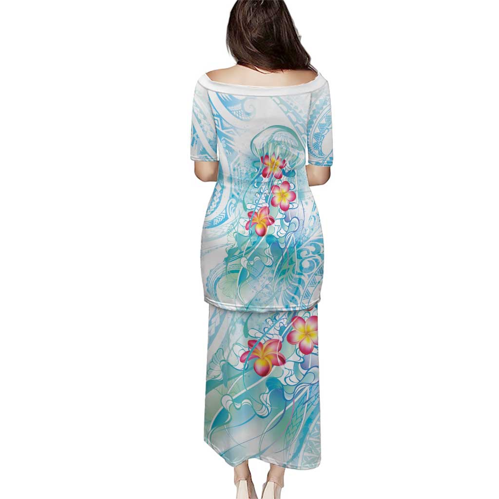 Sea Blue Polynesian Jellyfish Puletasi Watercolor Glows - Polynesian Pride