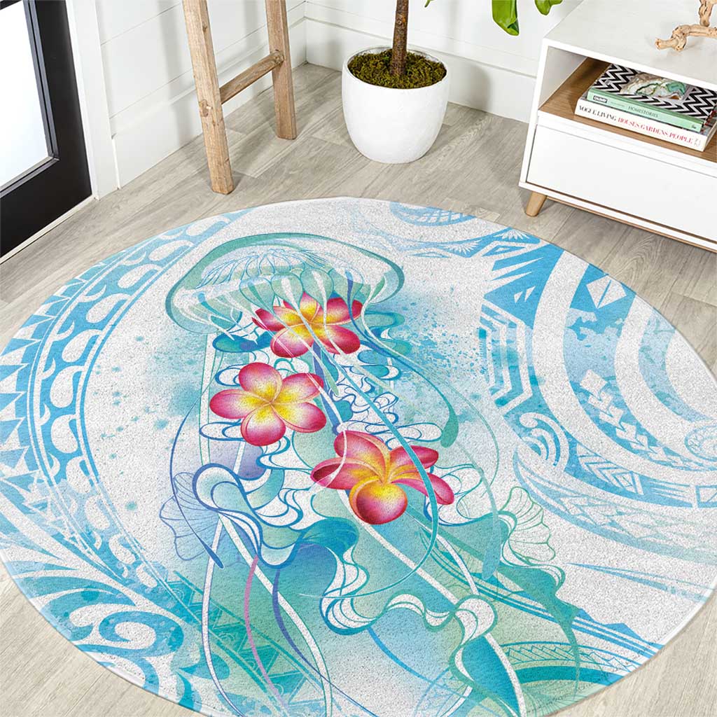 Sea Blue Polynesian Jellyfish Round Carpet Watercolor Glows - Polynesian Pride