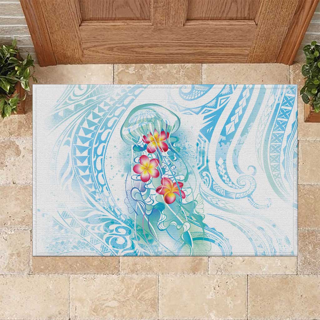Sea Blue Polynesian Jellyfish Rubber Doormat Watercolor Glows - Polynesian Pride