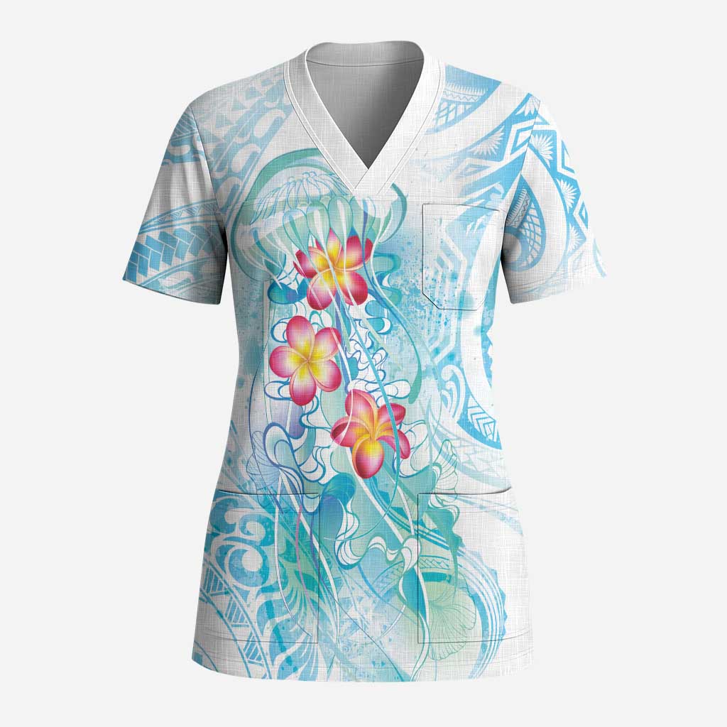 Sea Blue Polynesian Jellyfish Scrub Top Watercolor Glows - Polynesian Pride