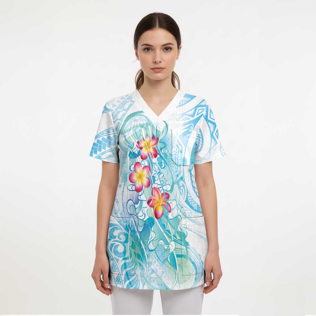 Sea Blue Polynesian Jellyfish Scrub Top Watercolor Glows - Polynesian Pride