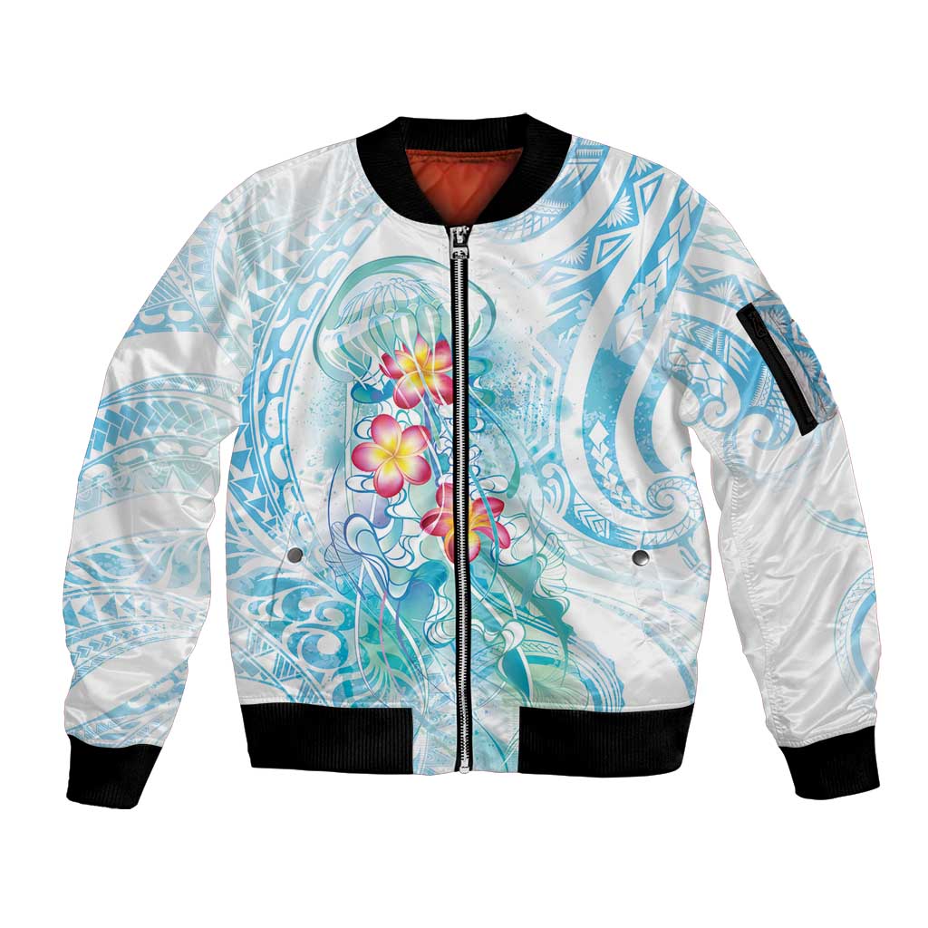 Sea Blue Polynesian Jellyfish Sleeve Zip Bomber Jacket Watercolor Glows - Polynesian Pride