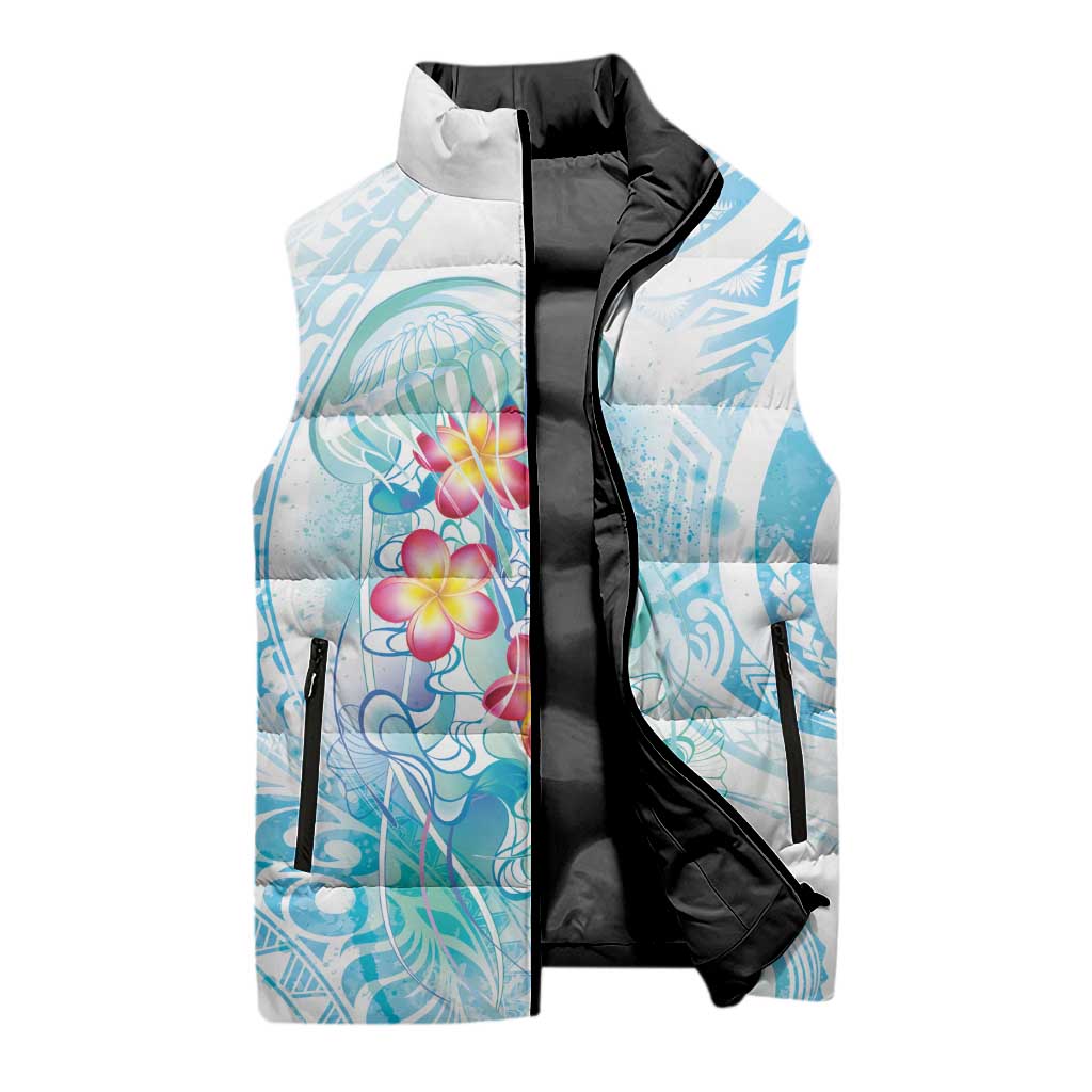 Sea Blue Polynesian Jellyfish Sleeveless Puffer Jacket Watercolor Glows - Polynesian Pride