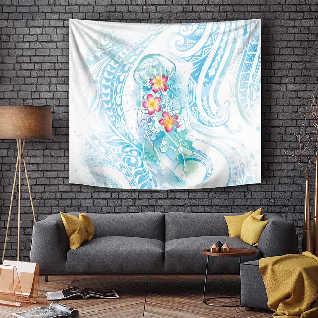Sea Blue Polynesian Jellyfish Tapestry Watercolor Glows - Polynesian Pride