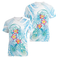 Sea Blue Polynesian Jellyfish Women V-Neck T-Shirt Watercolor Glows - Polynesian Pride
