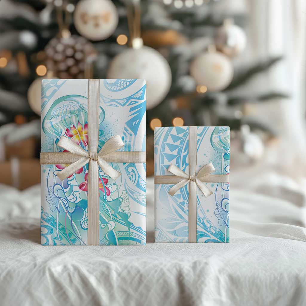 Sea Blue Polynesian Jellyfish Wrapping Paper Watercolor Glows