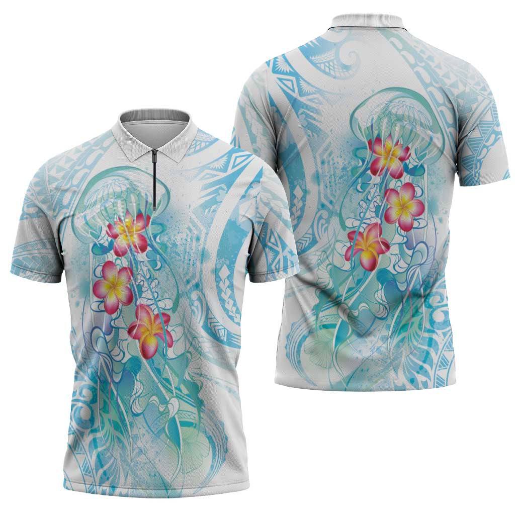 Sea Blue Polynesian Jellyfish Zipper Polo Shirt Watercolor Glows - Polynesian Pride