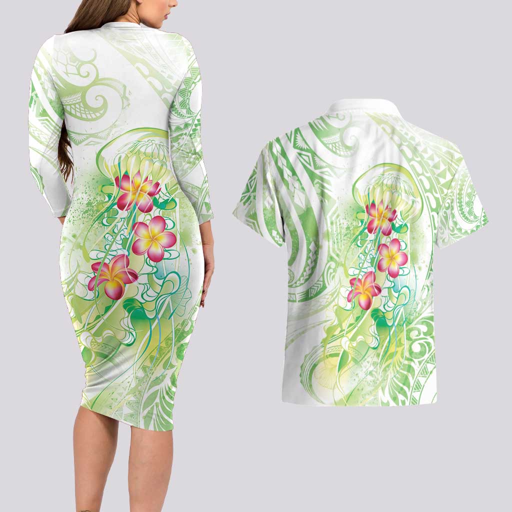 Summer Green Polynesian Jellyfish Couples Matching Long Sleeve Bodycon Dress and Hawaiian Shirt Watercolor Glows - Polynesian Pride