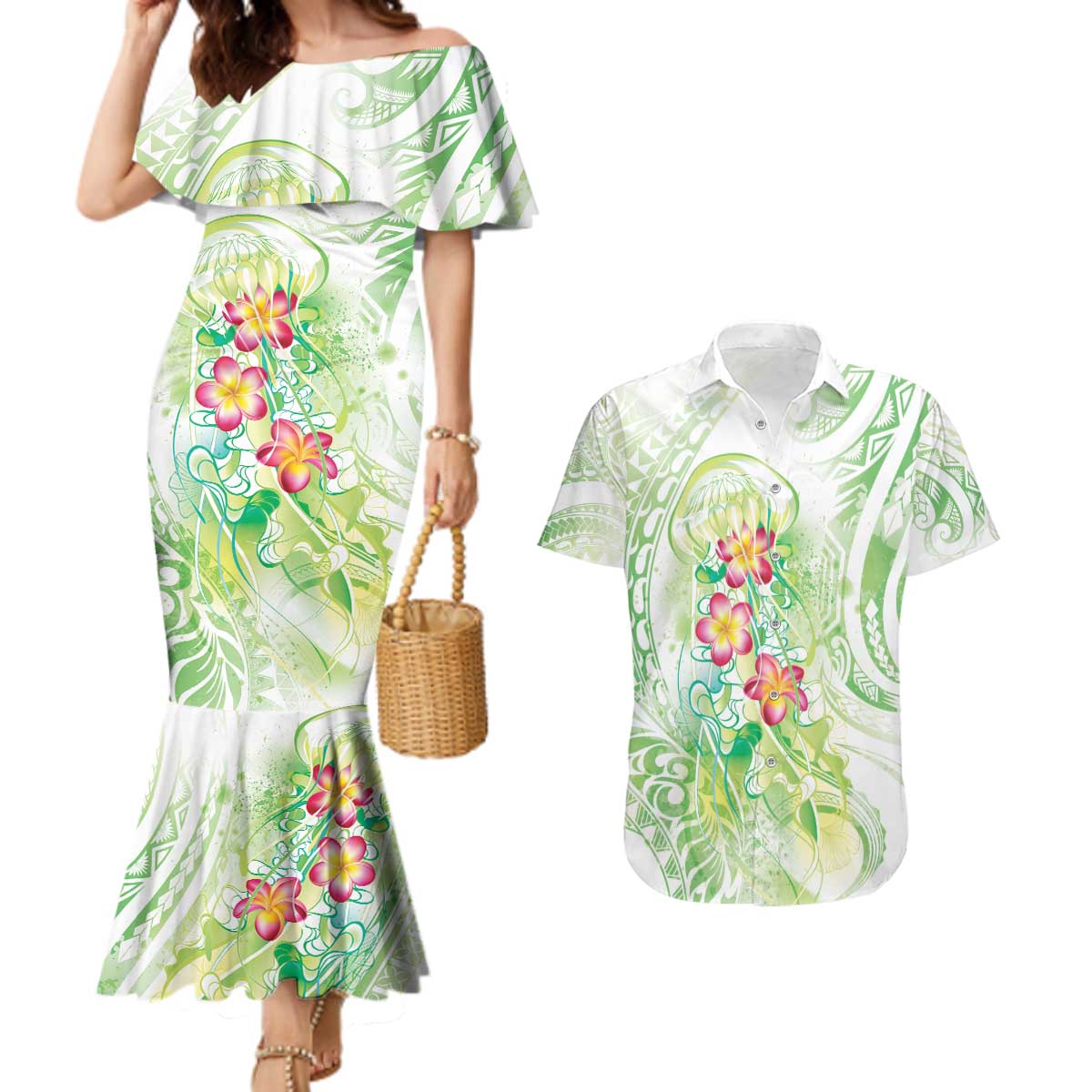 Summer Green Polynesian Jellyfish Couples Matching Mermaid Dress and Hawaiian Shirt Watercolor Glows - Polynesian Pride