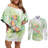Summer Green Polynesian Jellyfish Couples Matching Off Shoulder Short Dress and Long Sleeve Button Shirt Watercolor Glows - Polynesian Pride